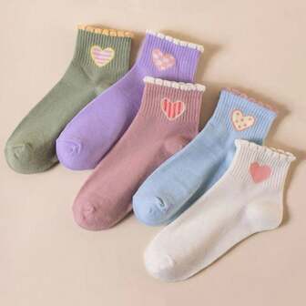 5 pares de calcetines de tobillo de mujer con encaje con estampado de corazones y lunares