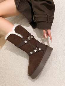 Modne, uniwersalne, skórzane, ciepłe kozaki do połowy łydki z klamrą, grube, futrzane buty śnieżne dla kobiet, nowy zimowy design - Brązowy - Zobacz 5