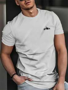 男士3D立体图案T恤 - 休闲涤纶针织面料，短袖，圆领，山脉图案，棕/黑色，夏季必备，夏季休闲装 | 现代休闲风格 | 舒适贴身 - 白色 - 查看 1