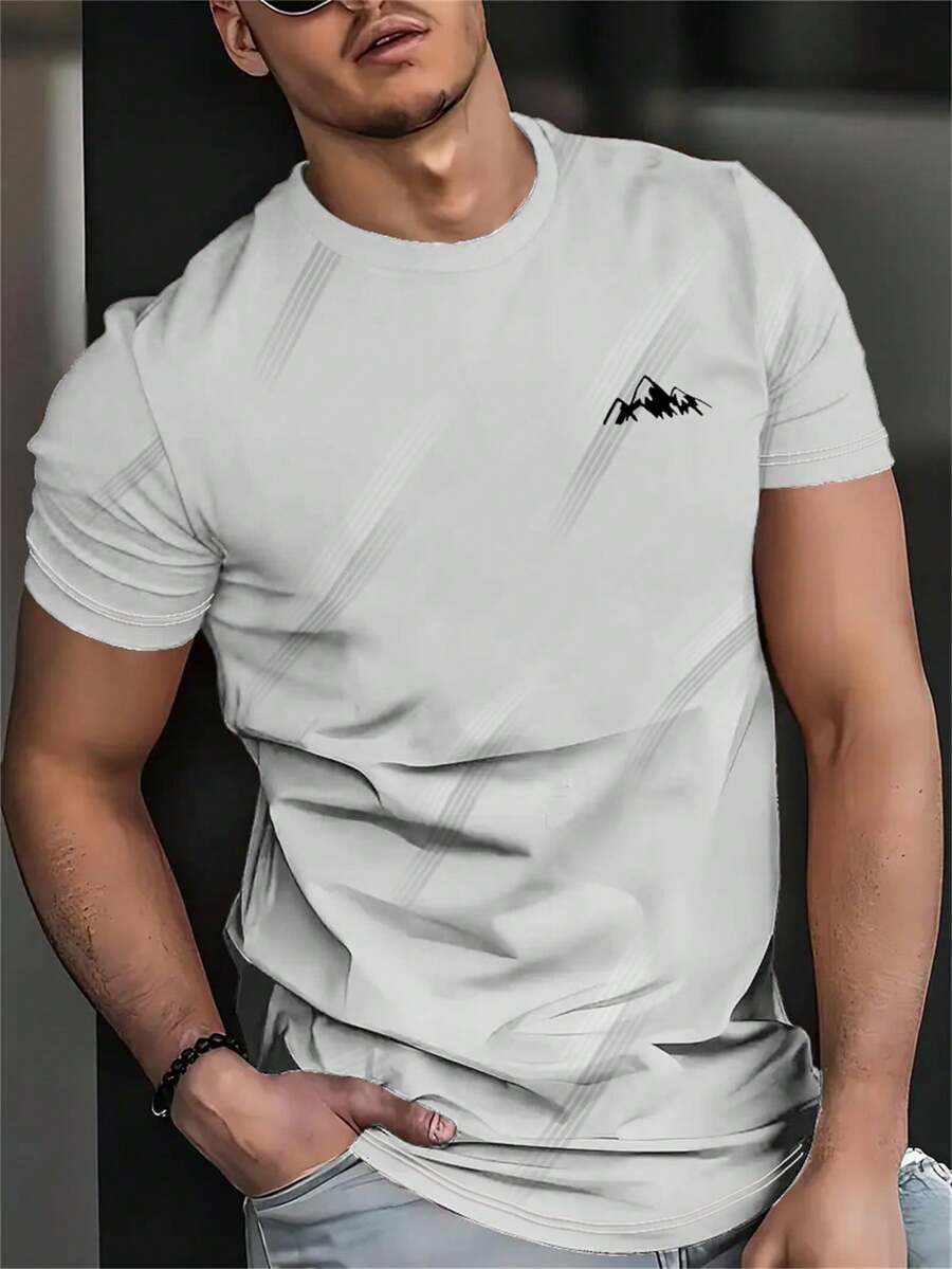 男士3D立体图案T恤 - 休闲涤纶针织面料，短袖，圆领，山脉图案，棕/黑色，夏季必备，夏季休闲装 | 现代休闲风格 | 舒适贴身 - 白色 - 查看 1