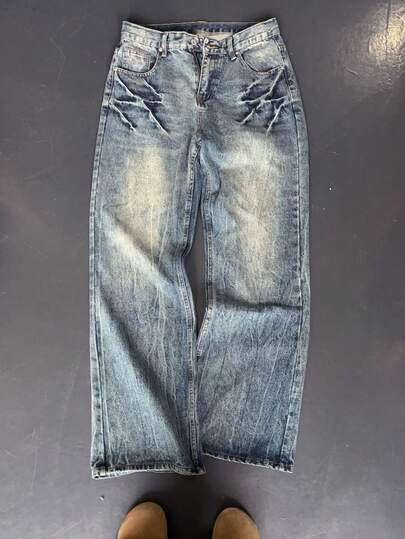 Jeans anchos y holgados de lavado oscuro y desgastado para hombre, jeans de pierna ancha de estilo retro y vintage, lavado intenso, texturizados, con ajuste oversize