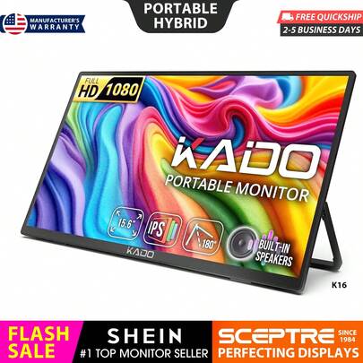 Kado Portable Monitor 15.6-Inch FHD 1080p, USB-C Mini-HDMI Gaming Monitor IPS Display Built-In Speakers, External Display 180° Kickstand Wall/Arm Mount For Laptop PC Phone Mac Xbox PS4/PS5 Switch