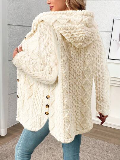 Long Solid Color Diamond Pattern Fleece Front Button Cardigan, Everyday Wear, Autumn/Winter