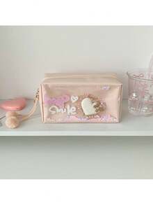 1个甜美少女闪亮粉色爱心化妆包 学生高级美妆文具笔袋 便携式洗手间收纳袋 - 彩色 - 查看 16