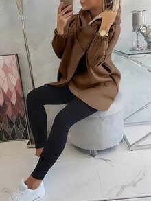 Women's Casual Elegant Sweatshirt, Solid Color With Zipper And Tulip Hem, Suitable For Autumn - Coffee Brown - View 8