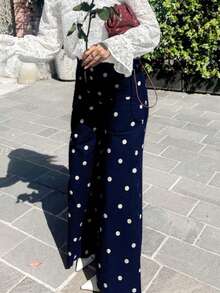 Solstice Apparel 波点印花高腰阔腿裤，深咖啡色宽松修身长裤，复古甜美酷炫风格，适合日常出行、通勤和约会，春夏百搭下装 - 寶藍色 - 查看 1
