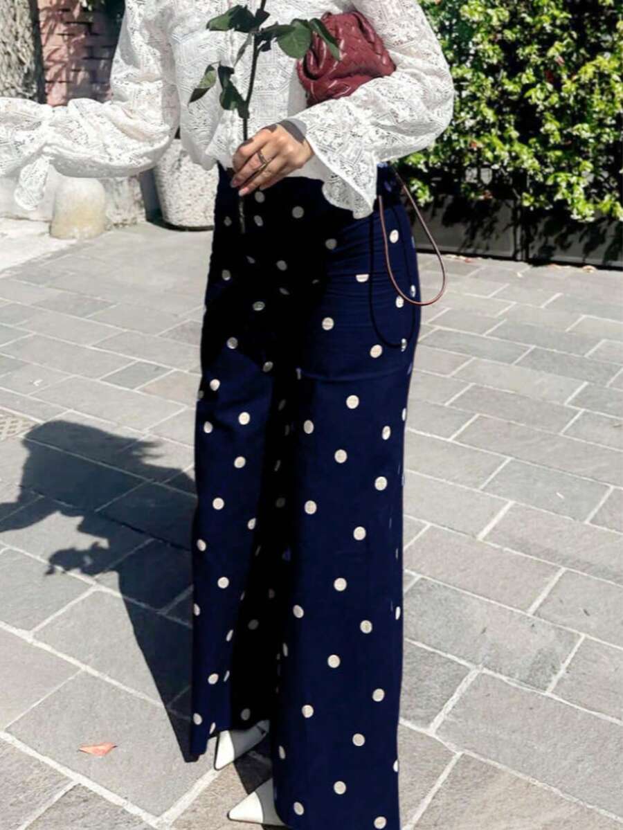 Solstice Apparel 波点印花高腰阔腿裤，深咖啡色宽松修身长裤，复古甜美酷炫风格，适合日常出行、通勤和约会，春夏百搭下装 - 寶藍色 - 查看 1