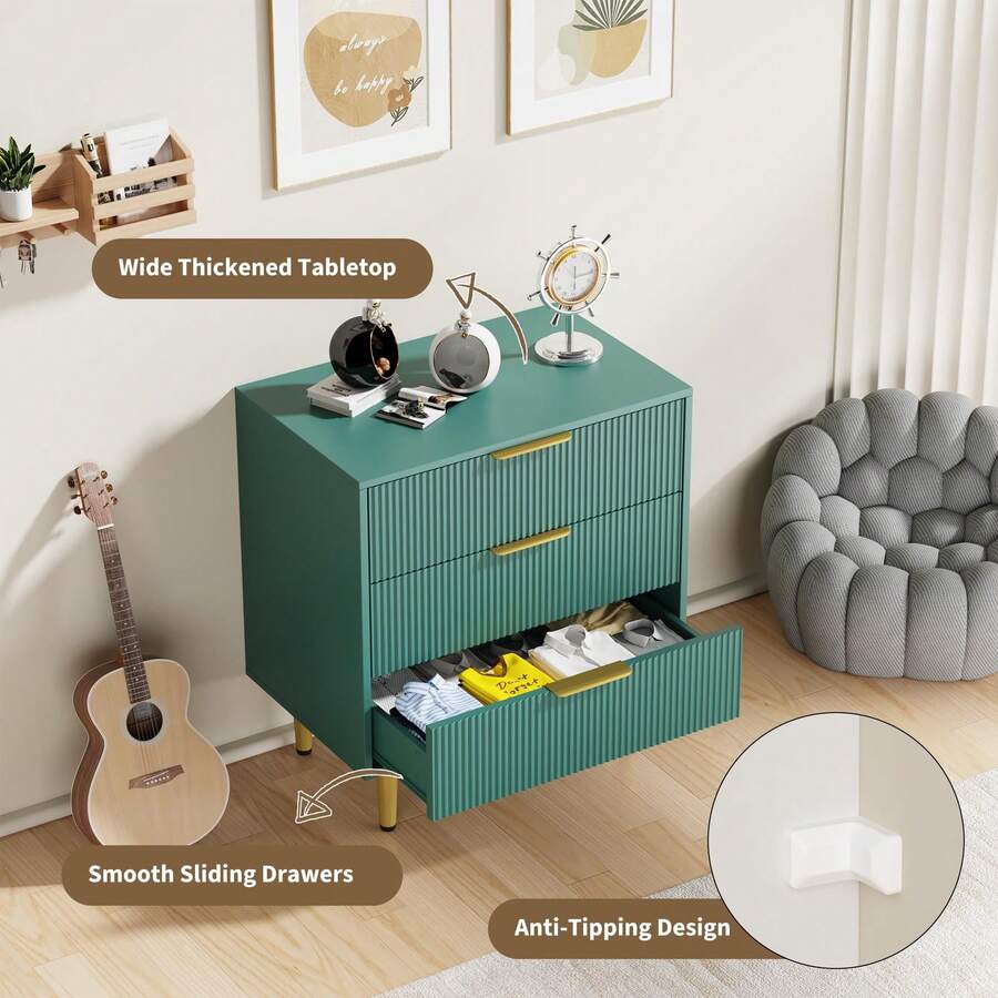 Kommode mit 3 Schubladen, moderne, natürliche, geriffelte Kommode für das Schlafzimmer, Nachttisch aus Holz mit Metallgriffen und -füßen für Wohnzimmer, Eingangsbereich, Wohnung