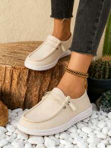 Women's Casual Corduroy Loafers - Slip-On Comfort Shoes With Elastic Laces, Lightweight Walking Sneakers For Daily Wear - Màu be - Xem 3