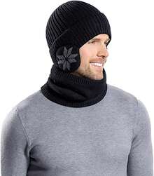 Gorros de Invierno para Hombre y Mujer,Conjunto de Gorro y Bufanda Invierno para Niños y Niñas,Cálido Gorro de Punto Forrado de Lana con Anchas Orejeras - Azul marino-Adultos - Ver 8