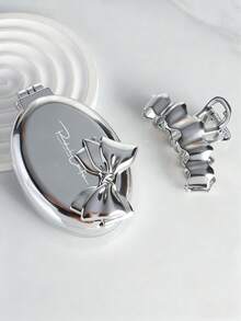 2pcs/Set Foldable Comb & Hair Clip Combo Set, Minimalist High-End Oval Air Cushion Comb With Electroplated Silver Design, Portable Foldable Comb, Cute Bow Hair Clip, Star/Wave/Heart Shaped Hair Clips, Ponytail Clips, Suitable For Students And Women, Great Gift ,Hair Styling Kit ,Hair Tool Kit