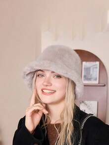 新款时尚女士秋冬毛茸茸渔夫帽，蓬松加厚百搭可爱渔夫帽，纯色休闲亚克力毛绒装饰帽，秋冬冬装 - 毛漁夫帽毛絨 - 查看 6