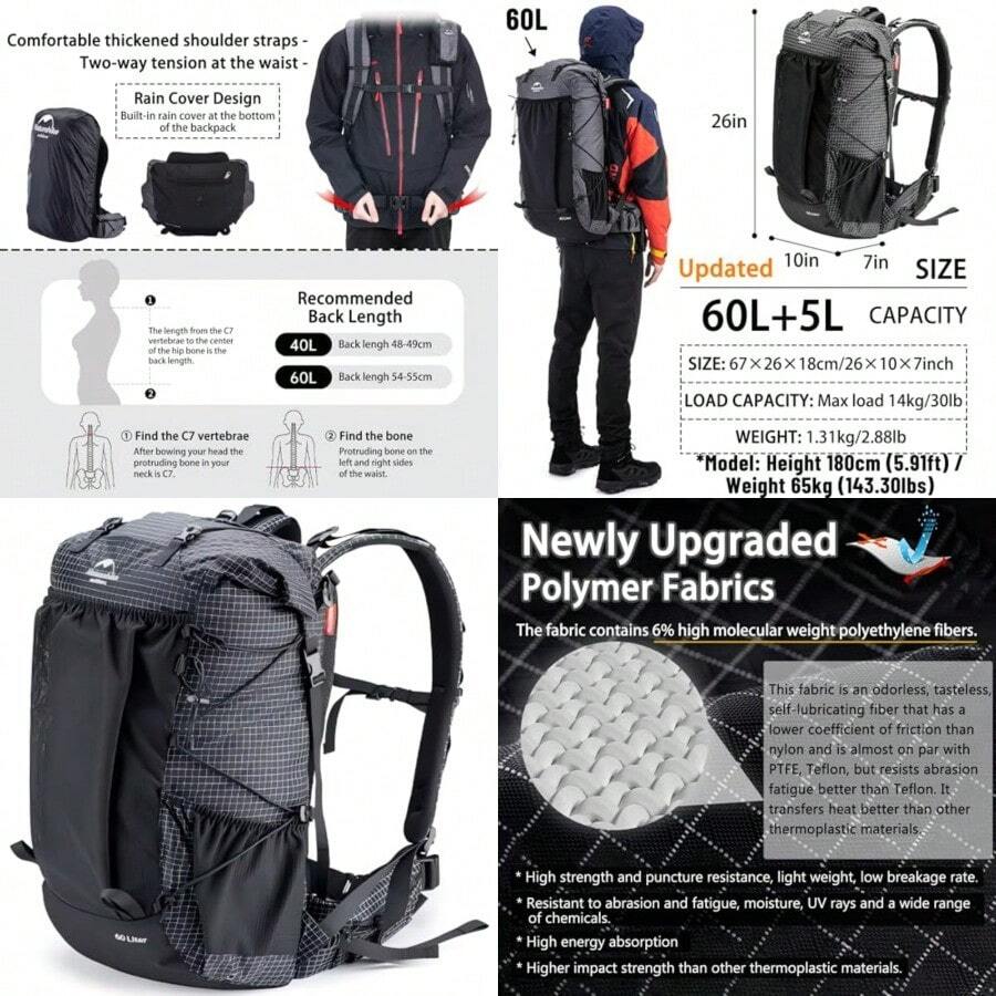 Naturehike Rock40L 60L+5L Internal Frame Hiking Backpacking Backpack Camping Waterproof Bag Ultralight Outdoor Daypack With Rain Cover For Hiking Backpacking Camping Survival - 605Lupdated - View 1