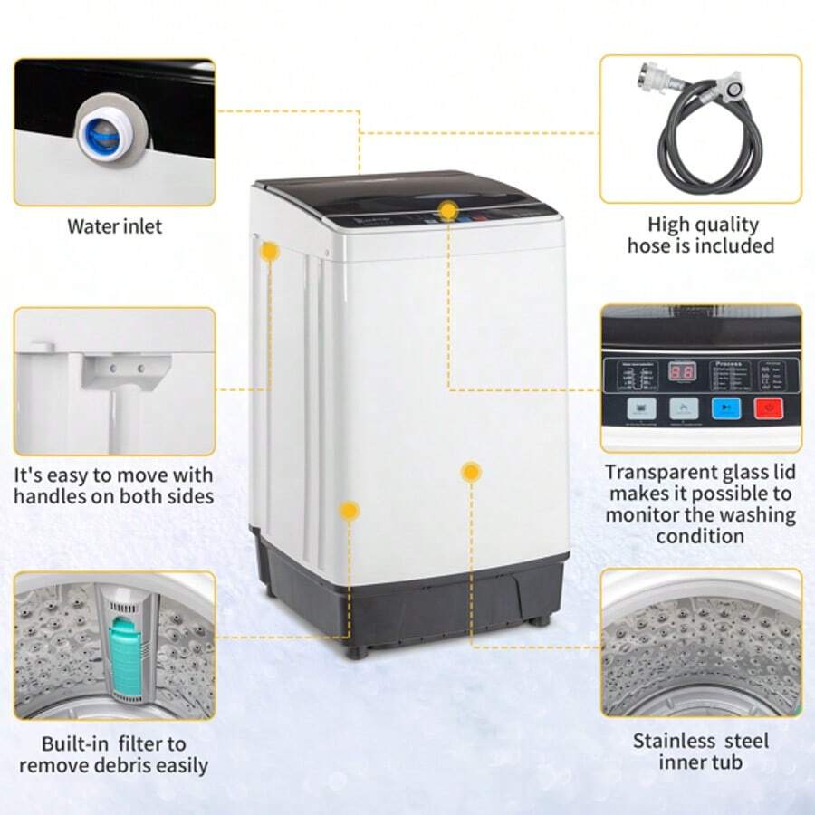 Fully Automatic Top-Loading Portable Compact Washing Machine, Single Tub, With Spin Pump, 10 Washing Programs, 8 Water Level Options, LED Display, 17.8 Lb Capacity, Black. - View 1