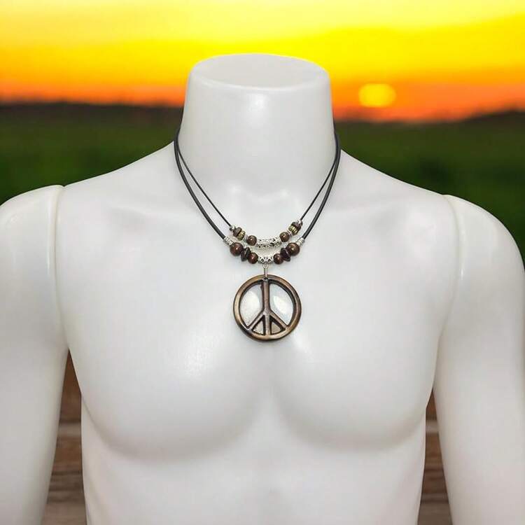 Unisex Peace Sign Double Layer Necklace Resin Peace Symbol Pendant Necklace Hippie Boho Style Jewelry Adjustable - nâu sẫm - Xem 7