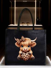 高地牛印花黑色亚麻手提包，可爱蝴蝶结爱心豹纹设计，高地牛图案，大容量化妆包，带提手，圣诞礼物，黑色亚麻零钱包，黑色格子购物袋，化妆包，饰有艺术字母和图案印花，适合女性日常使用，可用作便捷购物袋。教师节感谢礼物，女士大容量亚麻手提包，手提包和化妆包套装 - 彩色 - 查看 6