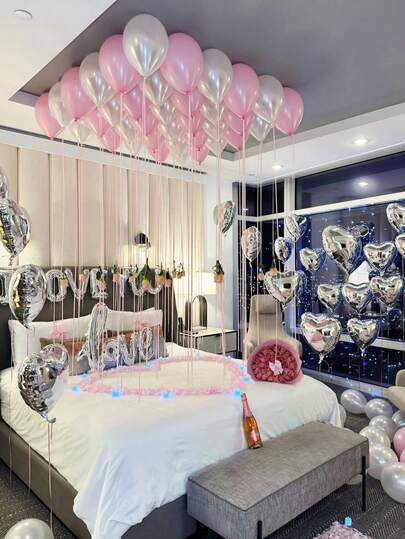 50pcs "I LOVE YOU" Balloon Set, 16" Silver Letter Balloons, 40" Love Balloons, Heart Balloons, 10" Pearl Latex Balloons, Suitable For Valentine's Day Decoration, Hotel Balloon Arrangement, Proposal, Wedding, Anniversary, Romantic Valentine's Day Room Decor