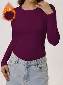 Women's Long Sleeve Thermal Underwear Crew Neck Thermal Lined T-Shirt, Solid Color, Comfortable & Soft, Casual Homewear Top, Warm & Windproof For Winter - Red Violet - View 12