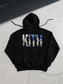 2026Men's Cozy Hoodie With Graphic KITH Design Stylish Urban Casual Sweatshirt With Blue And White Building Detail Pattern,Comfortable FitLoose And Comfortable,Casual And Easy-Goin,Valentine's Day Hoodie For Couples,New Years Outfit Women - màu đen - Xem 4
