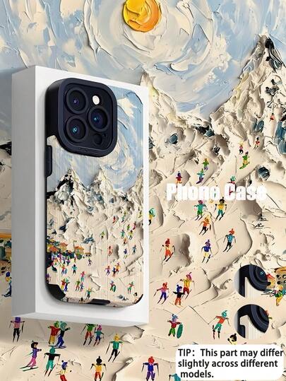 1pc Fashionable Minimalist Personalized Winter Snowy Mountain Skiing Pattern Vertical Faux Leather Texture Durable Soft Protective Phone Case, Suitable As Birthday, Holiday Gift For Friends, Family, Couples, Fits And 17/17Pro/17ProMax/17air