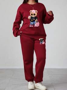 大码女式卡通熊印花圆领落肩长袖卫衣和运动裤休闲套装，适合新年假期等场合 - 酒紅色 - 查看 1