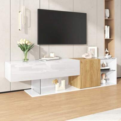 Modern TV Cabinet In High-Gloss White With A Wood Look And Glass Shelves – 180 Cm, Stylish TV Cabinet With Practical Storage For The Living Room, Minimalist Design, High-Quality Workmanship