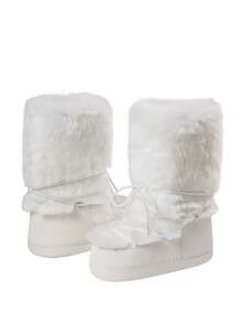 Knee High Boots For Women,Fuzzy Flat Round Toe Rhinestone Lace-Up Slip On Warm Shoes Winter Outdoor Party Chirstmas And Halloween Snow Boots - 白色 - 查看 8