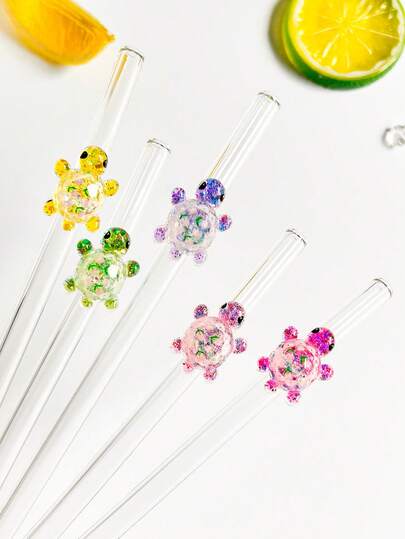 1Pc/1Set Reusable Clear Curved Glass Drinking Straws With Turtle Charms And Cleaning Brush For Chilled Drinks Milk Tea Coffee Juice Smoothies Cocktail Home Bistro Holiday Party Gift For Family Mates Lovers