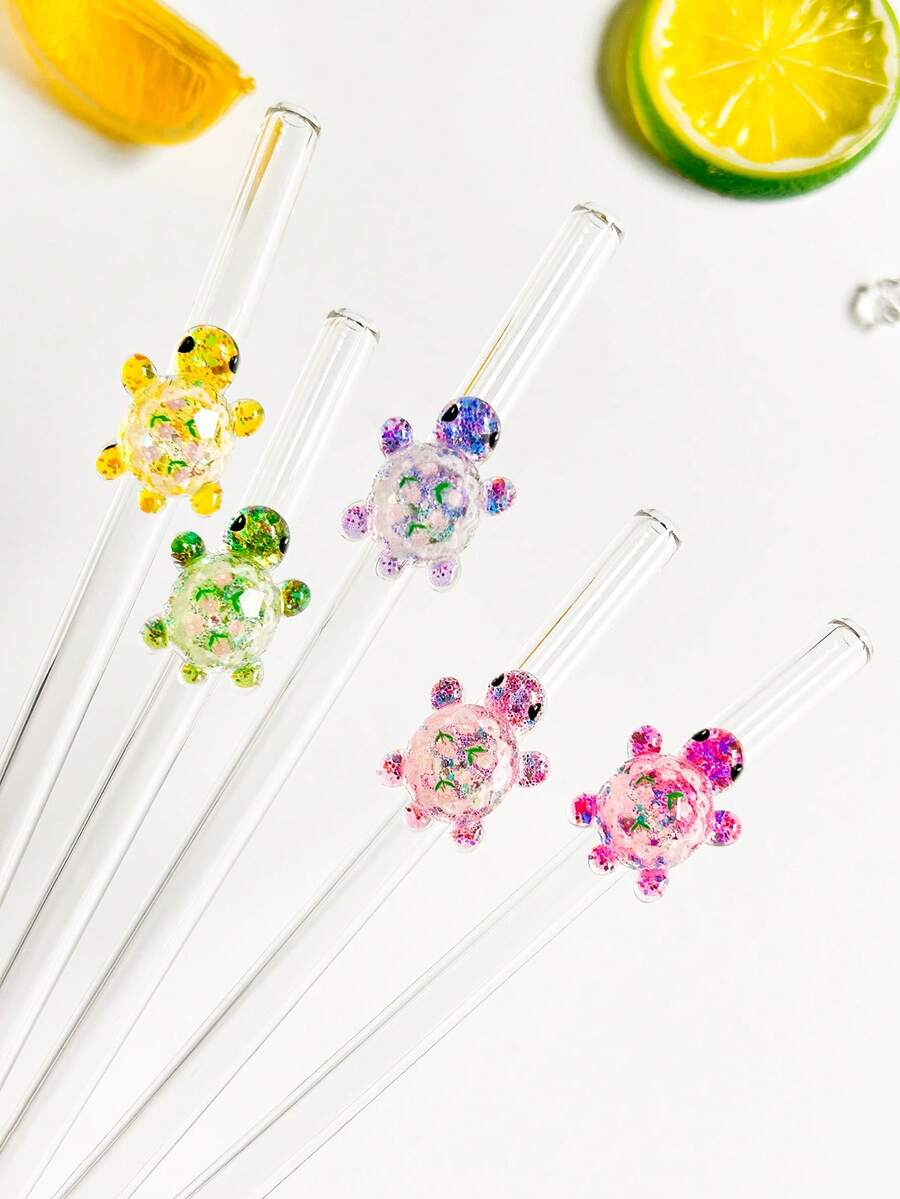 1 pieza/1 set Pajitas de vidrio reutilizables con encantos de tortuga, pajitas de vidrio curvas y transparentes con cepillo de limpieza, para accesorios de cocina, vasos de agua, bebidas frías, leche, té, café, batidos, cocinas, restaurantes, fiestas de cócteles, vuelta al cole, regalos para novias/novios, padres, amigos, suministros navideños.