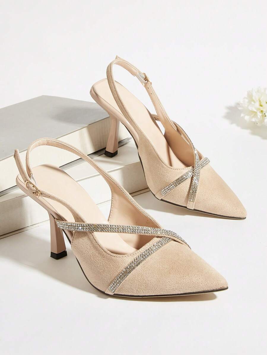 Apricot Faux Suede Rhinestone Decor Pointed Toe Stiletto Heel Pumps, Versatile For Daily Wear, Party, Fashion,High Heels - Apricot - View 1