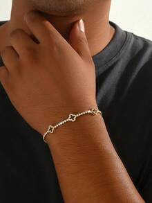 1条优雅奢华的四叶草水钻装饰男士手链，网球手链款式，男女皆宜的奢华珠宝，适合作为节日礼物 - 金黃色 - 查看 2