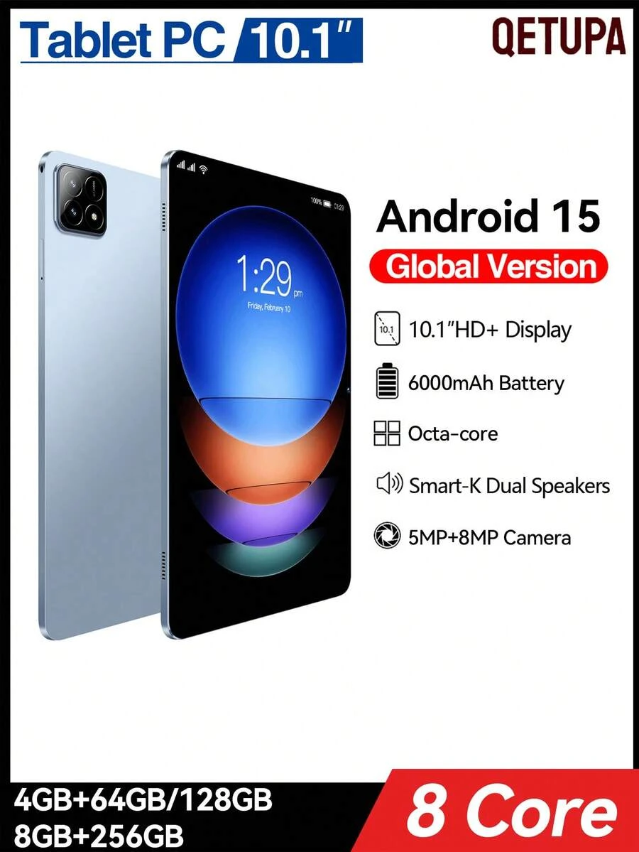 Qetupa X90商务平板电脑,8/4GB内存+256/128/64GB存储空间,搭载Android 15系统,MTK6771八核2.0GHz处理器,支持802.11ac Wi-Fi 5双频2.4G+5G网络,蓝牙5.2,高清(1280x800)触控屏,500万像素+800万像素双摄像头,6000mAh长效电池,支持最高512GB存储扩展,不支持SIM卡。这款平板电脑配备双摄像头,适用于会议等多种场景,拥有超长续航、无广告体验和触控显示屏,是理想的商务礼品之选。 - 藍色 - 查看 1