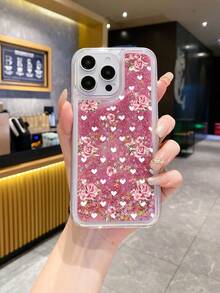 1个透明TPU+PC软硬复合材质粉色流沙花朵元素压花图案防摔手机壳，时尚百搭创意全包手机壳，适合作为礼物送给女朋友、闺蜜、妻子、情侣、家人、老板、同学、老师、同事，生日、节日等场合。 - 彩色 - 查看 2