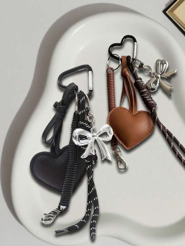 Women'S Pu Leather Keychain With Heart-Shaped Decoration, Flower Tail, Bow, Braided Rope, Spring Clip, Spring Buckle, High-End Decorative Bag Accessories, Bag Pendants, Pendants, Car Pendants, Daily Necessities, Perfect Holiday Gifts, Birthday Gifts, For Lovers, Family, Friends, Classmates, Colleagues, Teachers