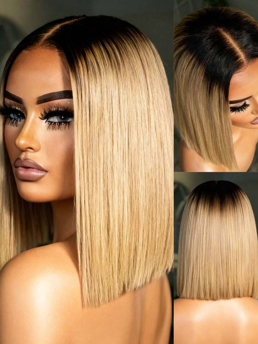 Omber Blonde Short Bob Straight Lace Frontal Wigs For Women With Baby Hair 13X4 HD Transparent Lace Front Wigs Human Hair Brazilian No Shedding And  Free 200 Density Bone Straight Glueless Wigs Human Hair Pre Plucked Bye Bye Knots - Bắt nguồn từ & Ombre - Xem 1