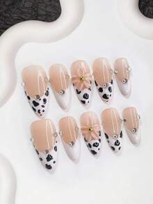 10pcs Y2K Black & White French Manicure Nail Stickers, Pink Floral Long Fake Nails, Cow Print False Nails, 3 Sizes Available: Almond, Duck Mouth, Coffin Shape, Includes Nail Tools (1 Jelly Sticker + 1 Nail File), Reusable Handmade Nail Stickers, Suitable For Daily Wear, Best Gift For Women And Girls - 彩色 - 查看 14