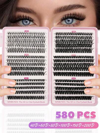 Large-Capacity Lash Clusters Kit, 580 Pcs Eyelashes Clusters Extensions Kit 10-18mm Individual Lashes D Curl Fluffy Wispy False Eyelashes DIY (40D+60D+80D+100D+150D+200D Kit 10-18mm)