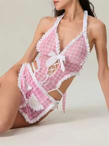 Womens Maid Lingerie Outfit Plaid Frill Trim Halter Neck Bodysuit Tie-Up Apron Skirt Cosplay Costume Lingerie Set - 粉色 - 查看 7