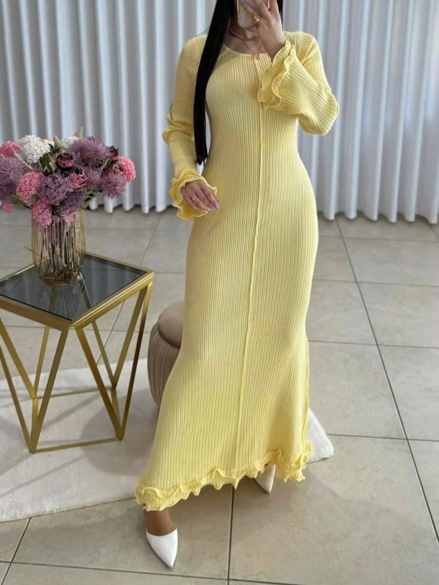 SEREN Spring New Knitted Dress, Casual, Fitted, Long Dress, Cream Yellow Dress, Women's Long Dress, Women's Spring Dress, Women's Spring Suit - Yellow - View 1