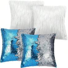 4 Pcs Sequin And Fluffy Pillow Covers Winter Throw Pillow Cases Soft Cushion Cover Couch Bed Sofa (18 X 18 Inch, Pink, White) - 白色,銀藍色 - 查看 8