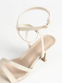 Women's Apricot Square Toe High Heel Sandals, Criss-Cross Strap Ankle Buckle Stiletto Heels, Minimalist White Mid Heel Sandals, Suitable For Party, Nightclub, Wedding, Bridesmaid, Date, Vacation, Daily Wear - Apricot - View 9
