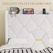 SHA CERLIN Full/Queen/King Velvet Upholstered Bed Frame With Charging Station, Modern Wingback Storage Headboard, Diamond Stitched & Gold Trim, No Box Spring Needed, Easy Assembly, White - Xem 4