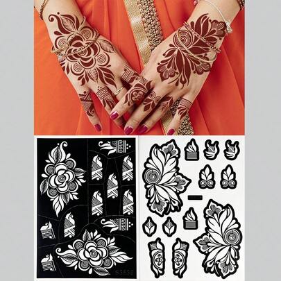 2 tờ giấy nến xăm hình hoa, mẫu hình xăm tay, mẫu hình xăm lấp lánh, miếng dán hình xăm tái sử dụng cho nghệ thuật trang điểm cơ thể tự làm, thiết kế Mehndi