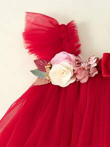 Vestido elegante de fiesta para niñas bebé en color borgoña con adorno floral 3D, caja de regalo de Papá Noel y árbol de Navidad, apropiado para el primer cumpleaños, banquetes, galas, Acción de Gracias y reuniones familiares - Burdeos - Ver 4