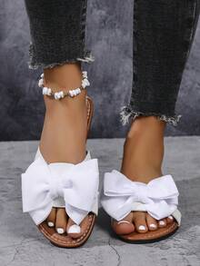 Pantuflas planas cómodas con lazo y calado para mujer, muy vendidas para el verano - Blanco - Ver 3