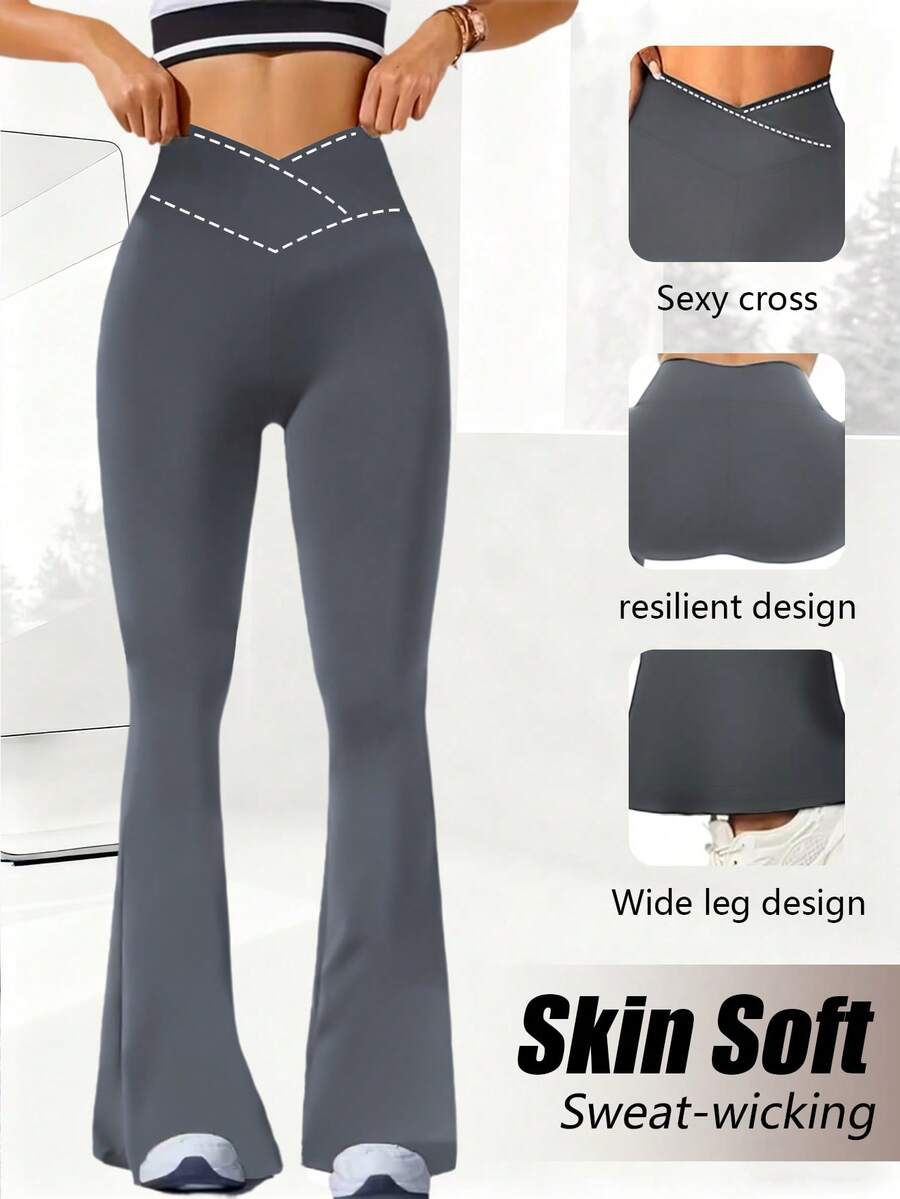 1pc Women's High Waist Flare Pants, Crossover Elastic Waistband Design, Casual Long Versatile Slim Fit Wide Leg Pants, Stretchy Polyester Fabric, Machine Washable, Accentuates Curves, Yoga/Fitness Tight Leggings, High Waist Naked Feeling Lift Tummy Control Trousers - Soft Fabric - Grey - View 1