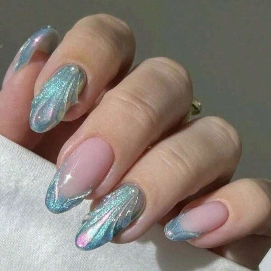 24-Piece Short Almond Press On Nails | 3D Pearl French Cat Eye Style With Aurora Iridescent Glow, Reusable Full Cover Artificial Nail Tips Easy To Apply, Equipped With Jelly Glue & Portable Nail File, Chic Vibe For Daily Wear, Elegant Touch For Party Events, Romantic Feel For Dating & Ideal Holiday Gifts For Women Girls - Multicolor - View 1