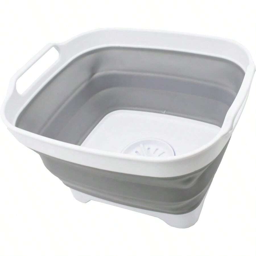 TFKI 7.5L 2 Gallons Collapsible Dishpan With Draining Plug - Foldable Washing Basin - Portable Dish Washing Tub - Space Saving Kitchen Storage Tray (White/Grey 1) - 白灰色 - 查看 1
