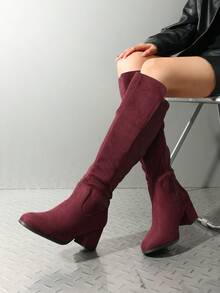 Women's Knee High Stretchy Fashion Boots Round Toe Chunky Heel Fashionable Classic Boots - 酒紅色 - 查看 1