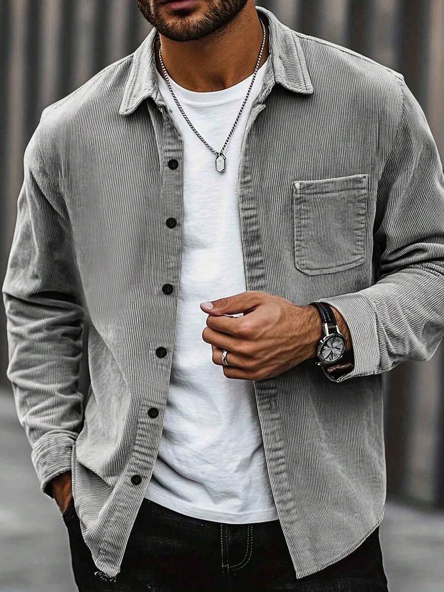 Vintage American Corduroy Plus Size Men Pocket Long Sleeve Jacket Coat